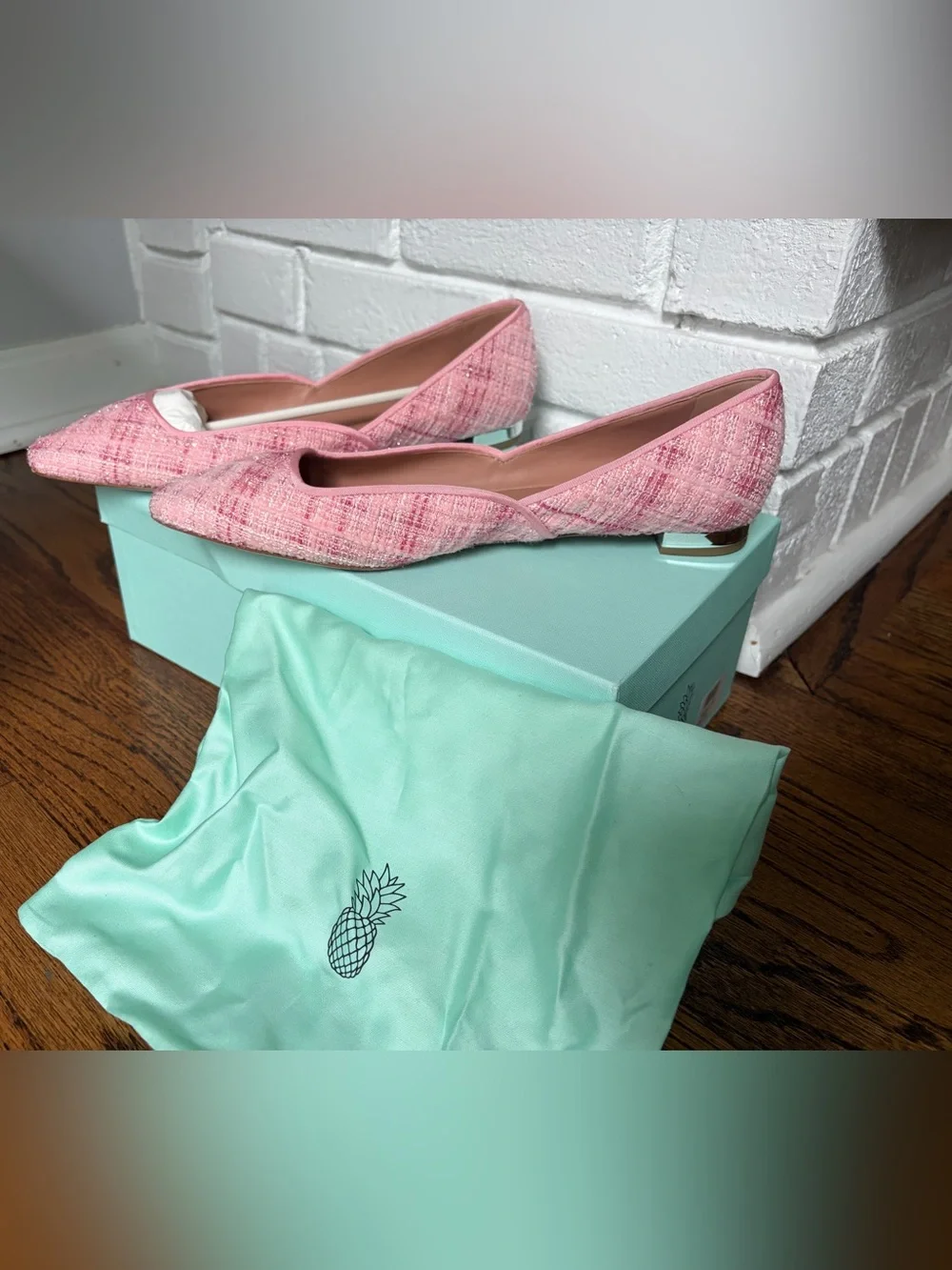Aquazzura Maia Pink Tweed Pointed Flats with Silver Accent